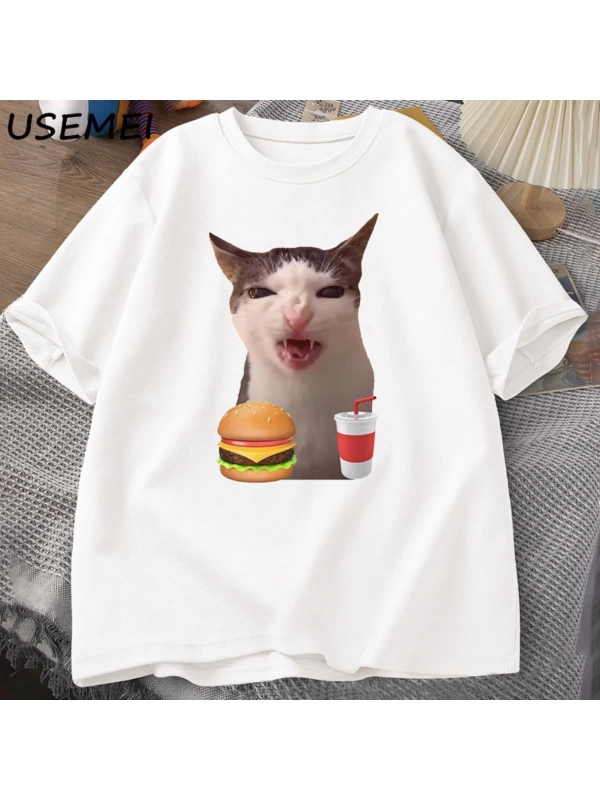 Kedi Crunching gıda Meme T-shirt kadın erkek aptal T shirt komik kedi yeme T-Shirt pamuk kısa