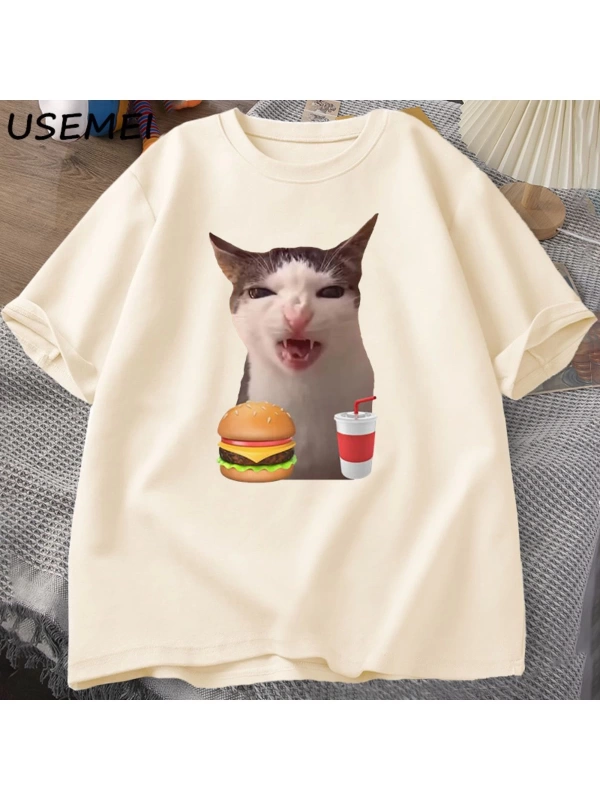 Kedi Crunching gıda Meme T-shirt kadın erkek aptal T shirt komik kedi yeme T-Shirt pamuk kısa