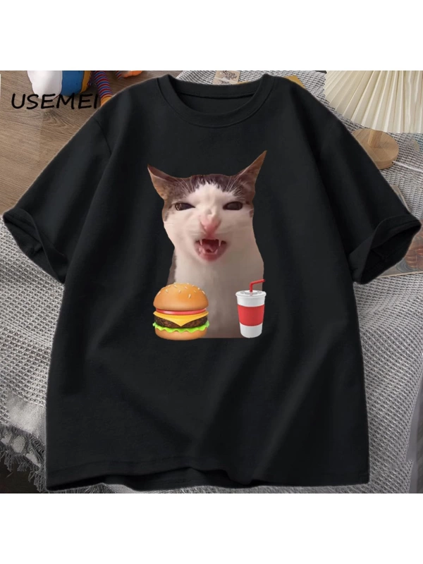 Kedi Crunching gıda Meme T-shirt kadın erkek aptal T shirt komik kedi yeme T-Shirt pamuk kısa