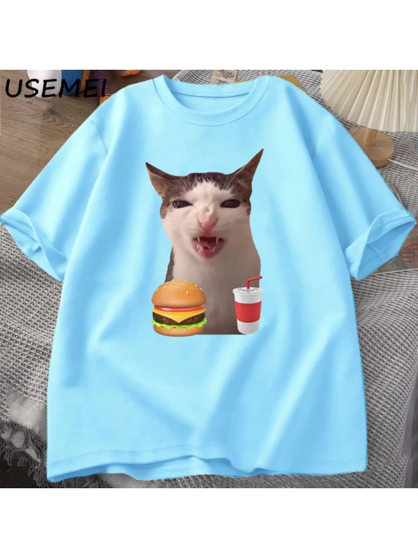 Kedi Crunching gıda Meme T-shirt kadın erkek aptal T shirt komik kedi yeme T-Shirt pamuk kısa