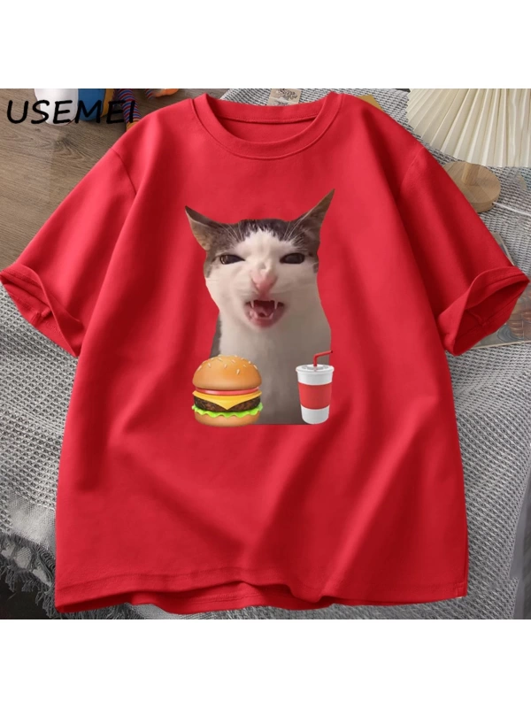 Kedi Crunching gıda Meme T-shirt kadın erkek aptal T shirt komik kedi yeme T-Shirt pamuk kısa