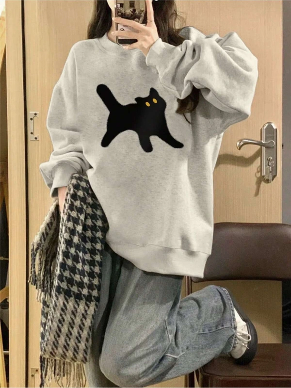 Kedi Desenli Düşük Omuz Oversize Sweat Gri