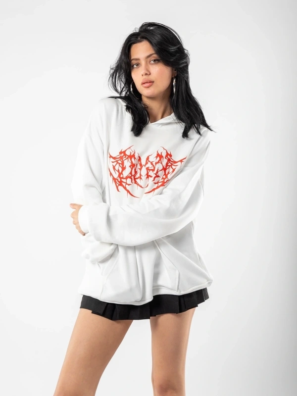 Kırmızı Dusk Baskılı Oversize Unisex Beyaz