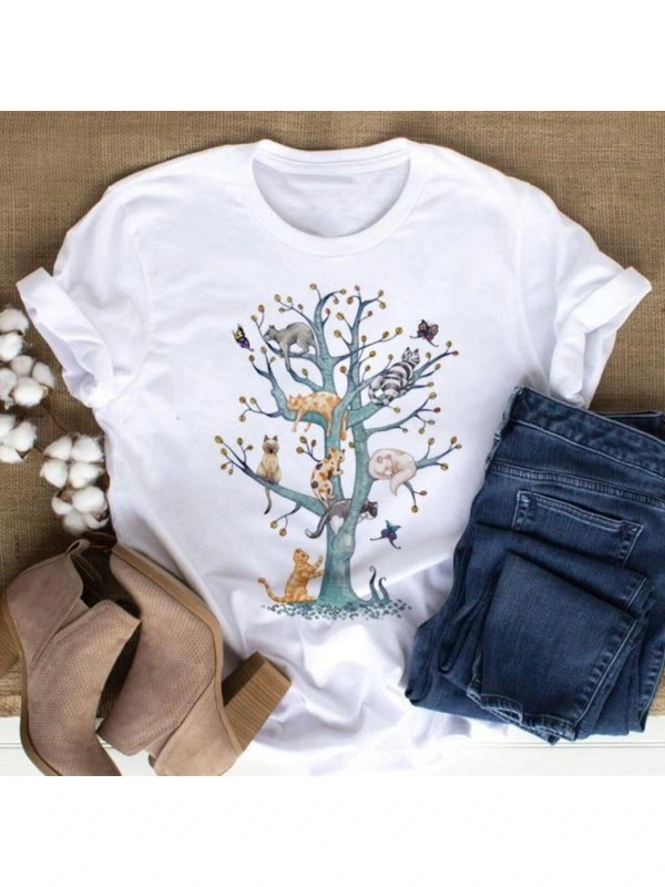 Kırmızı Etiket Kedi Desenli Kadın T-shirt Mod73 08570