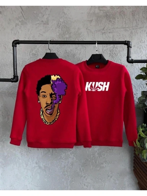 Kırmızı Oversize Kush Baskılı Pamuklu Unisex Kapşonsuz Sweatshirt