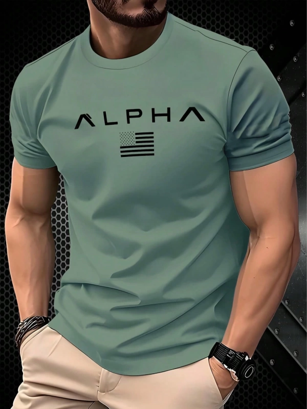 Kişiselleştirilmiş Grafik Kısa Kollu ALPHA ve Minimalist Logo Baskılı Nefes Alabilir Rahat