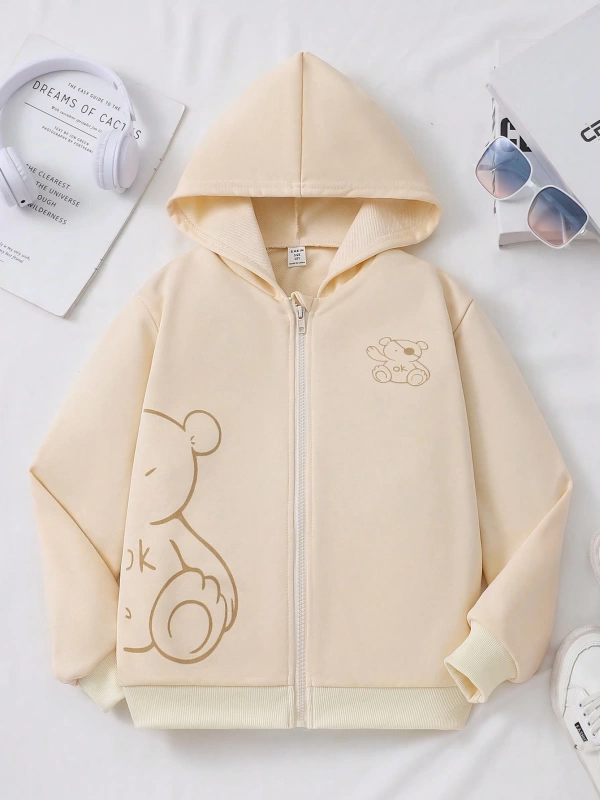 Kız Düz Renk Ayı Baskılı Kapüşonlu Sweatshirt Model 5139