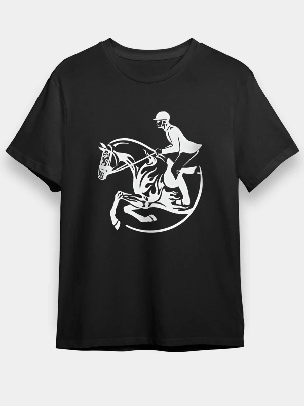 Ko Buta At Yarışı - Horse Race Baskılı Unisex Siyah Tişört - Tshirt T54044