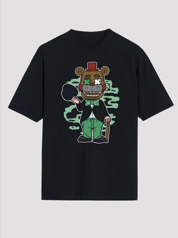 Ko Buta Freddy Gentlemen Baskılı Unisex Siyah Oversize Tişört Os17724