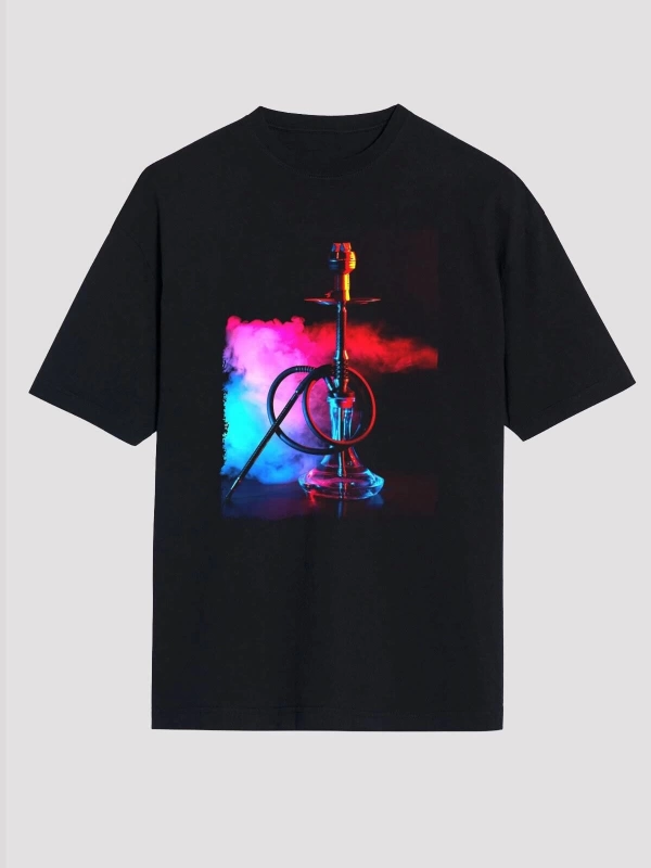 Ko Buta Nargile Baskılı Unisex Siyah Oversize T-shirt Os9944