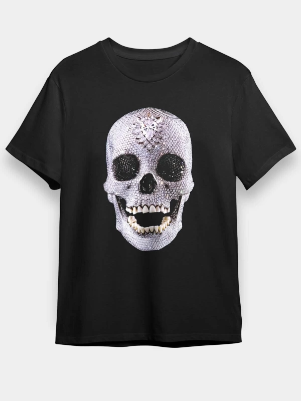 Ko Buta Pırlanta Taşlı Kurukafa Baskılı Unisex Siyah Tişört T14592