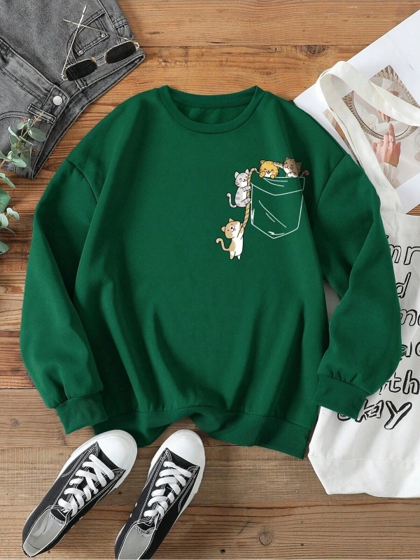 KOD ADR-SHEN EZwear Cartoon Graphic Lined Sweatshirt Yeşil
