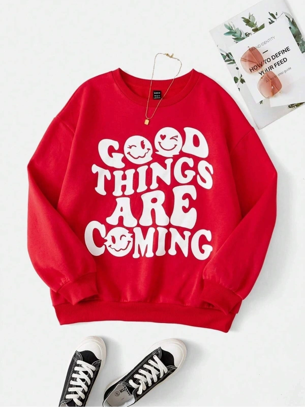 KOD ADR-SHEN EZwear Dopamine Dressing Slogan & Cartoon Face Print Drop Shoulder Sweatshirt