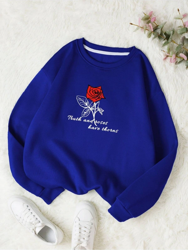 KOD ADR-SHEN EZwear Rose & Slogan Graphic Thermal Pullover
