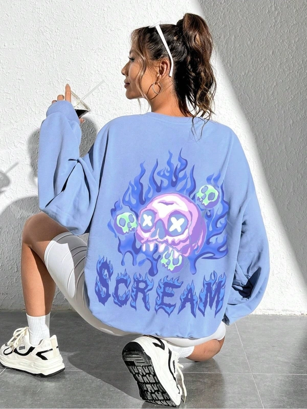 KOD ADR-SHEN EZwear Skull & Fire Print Drop Shoulder Sweatshirt BEBE MAVİ