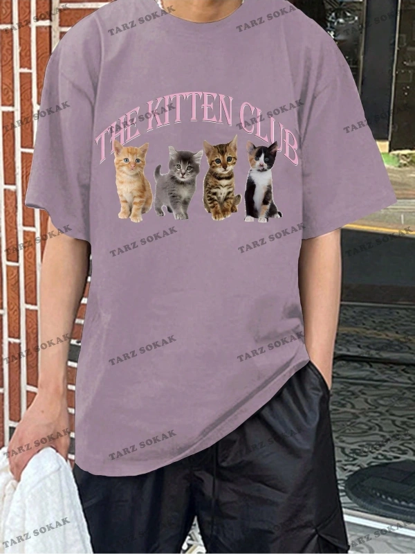 KOD Trend Erkek Baskılı Yuvarlak Yaka Kedi Ve Sloganlı T-Shirt