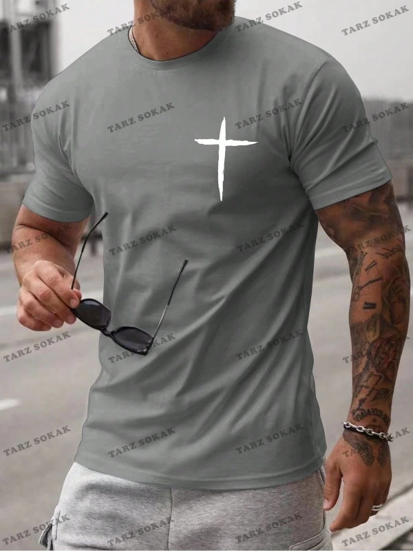KOD Trend Erkek Çapraz Baskılı Kısa Kollu Erkek T Shirt