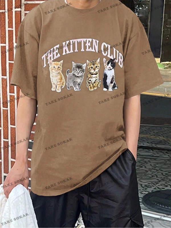 KOD Trend Erkek Düşük Omuzlu Kedi Baskılı Sloganlı T-Shirt