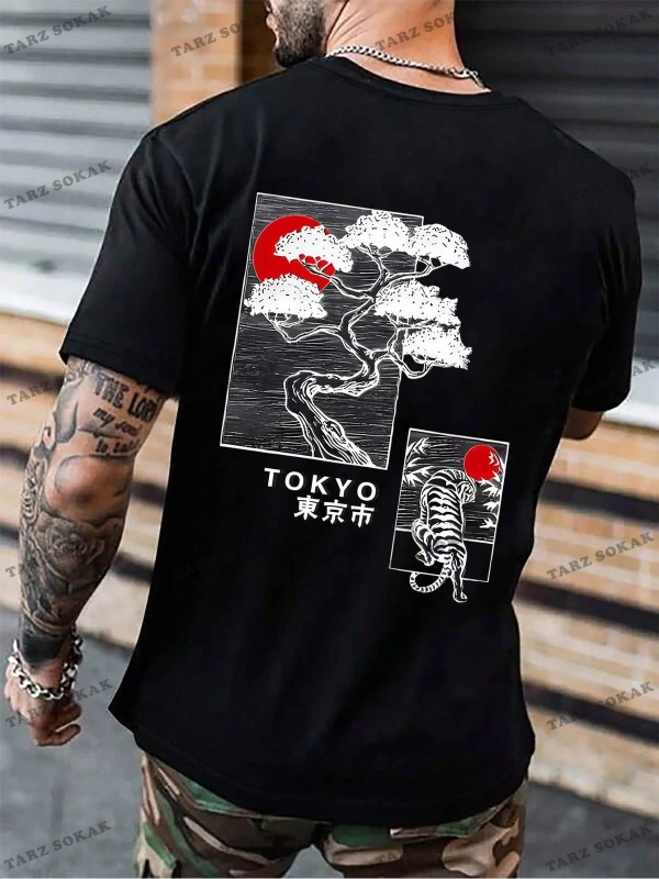 KOD Trend Homme Erkek Japon Harfli ve Ağaç Baskılı Tişört
