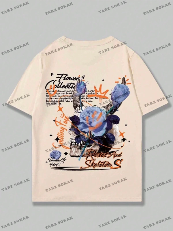KOD Trend Street Life Erkek Kafatası Çiçek Slogan Baskılı T-Shirt