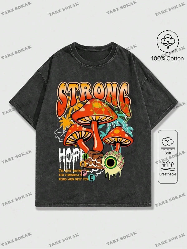KOD Trend Street Life Erkek Mantar Ve Harf Baskılı T-shirt