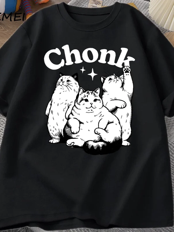 Komik Chonk Kedi T-Shirt Erkekler Kadınlar için Sevimli Şişman Kedi TeeMinimalist Mem 2896