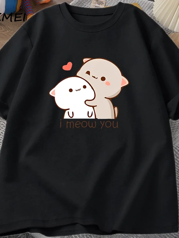 Komik kedi baskılı tişört sevimli Bubu Dudu Tshirt yaz pamuk kısa kollu Teekadın erke 2914