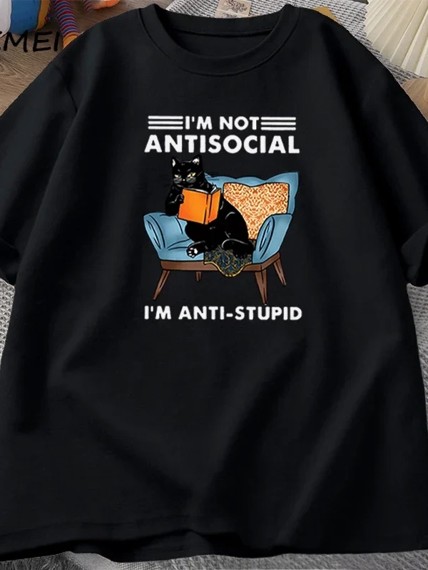 Komik kedi okuma kitap t-shirt grafik Tees pamuk erkek giyim O boyun Meme kısa kollu Tees Har 2832