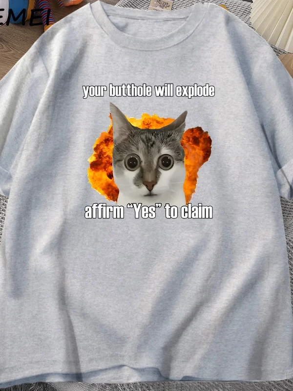Komik Kedi Pamuk Tişört O-Boyun Kısa Kollu Gevşek moda üst giyim Tees Erkekler Büyük Boy Tişö 2994