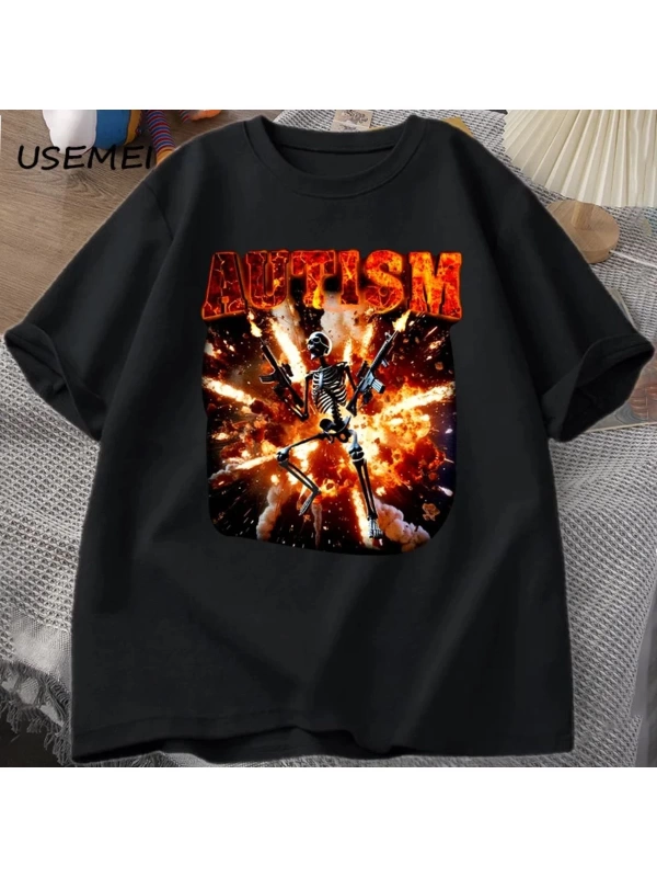 Komik Meme Tişörtleri Otistik İskelet T Shirt Kadın Erkek Otizm Sinirli T-shirt Moda Pamuk Ti