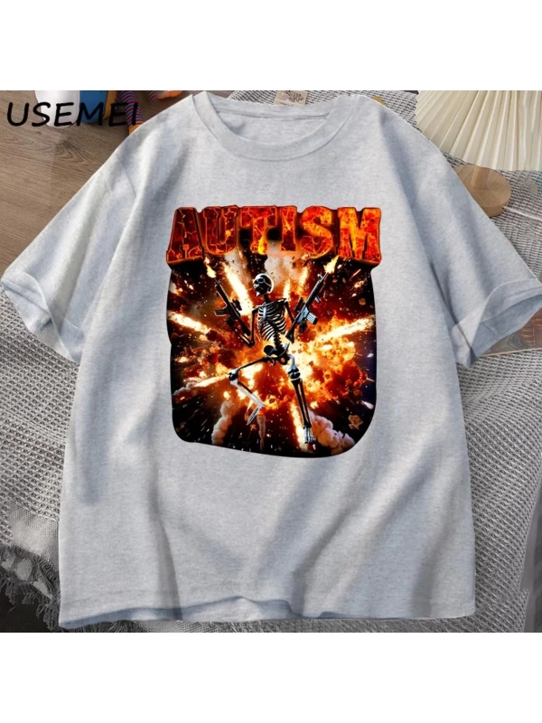 Komik Meme Tişörtleri Otistik İskelet T Shirt Kadın Erkek Otizm Sinirli T-shirt Moda Pamuk Ti