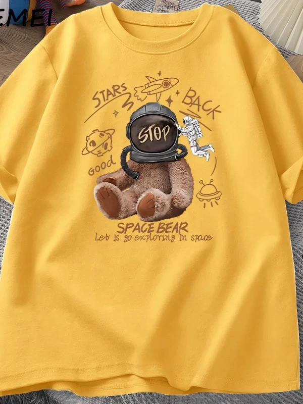 Komik Uzay Ayı T-shirt Erkek Kadın Rahat Pamuk Kısa Kollu Yuvarlak Boyun Tshirt Gevşek Nefes  3036