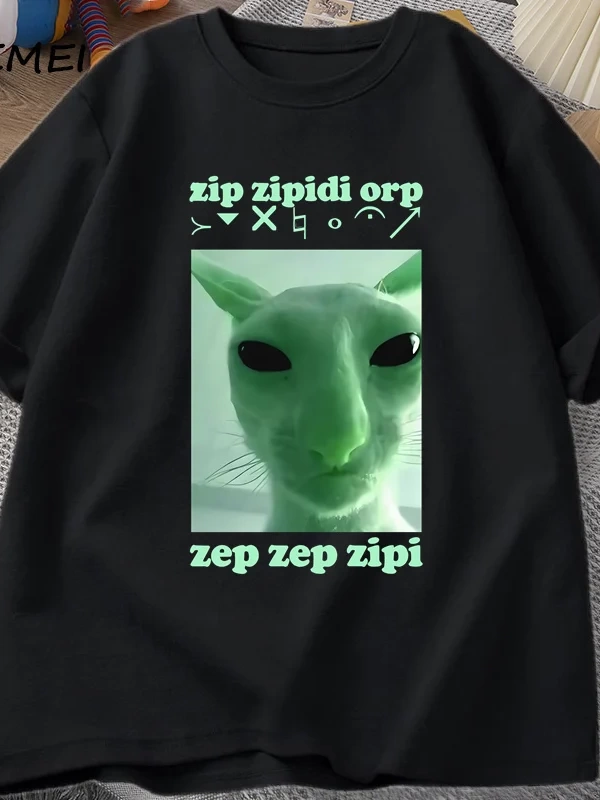 Komik Uzaylı Kedi Dank Meme T Shirt Erkekler Kadınlar için Brainrot T-shirt Aptal Cringe Tshi 2805