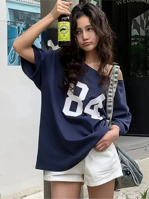 Lacivert Kadın Düşük Omuz Kayık Yaka Baskılı