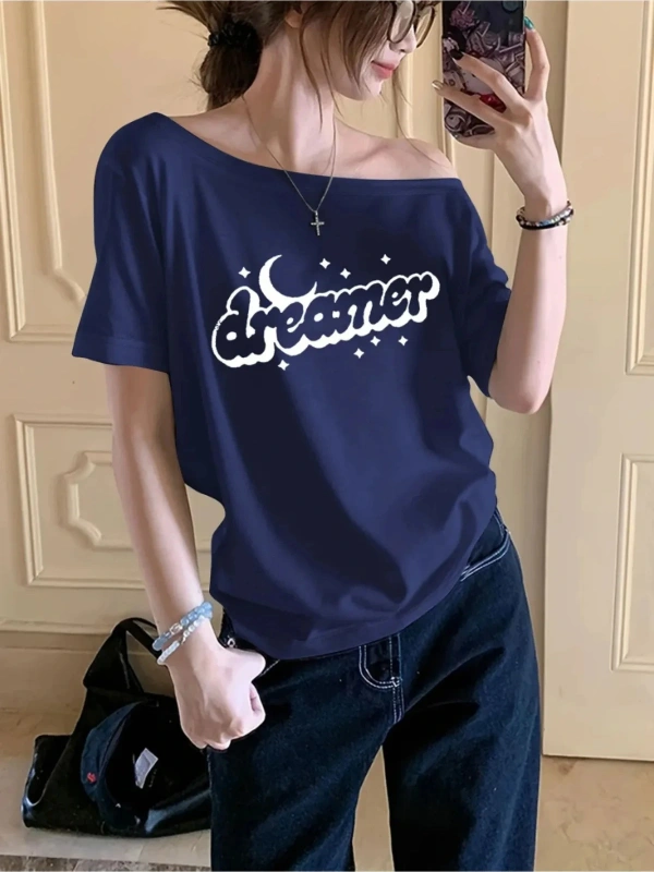 Lacivert Kadın Düşük Omuz Kayık Yaka Dreamer Baskılı