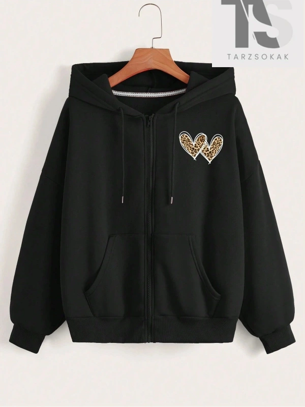 Leopar Desen Kalpler Sweatshirt Fermuarlı Hırka
