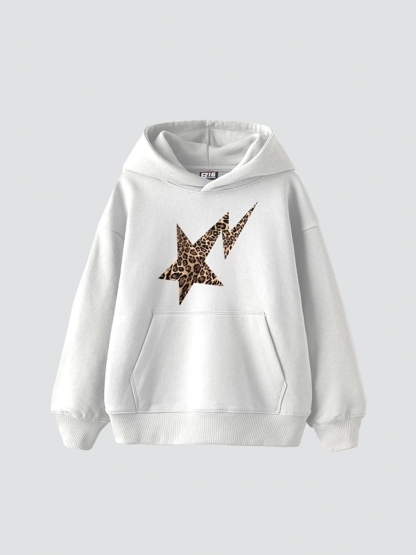 Leopar Falling Star Baskılı Oversize Unisex Premium Beyaz