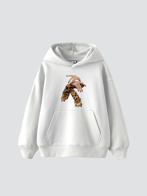 Leopar Hand Baskılı Oversize Unisex Premium Beyaz