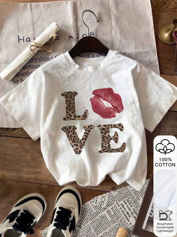 Leopar LOVE Baskı, Yazlık Kadın %100 Pamuklu Kısa Kollu, Beyaz Kısa Kollu, Grafik Tişörtler,