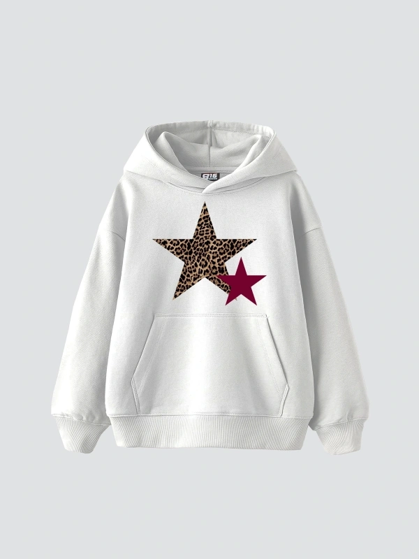 Leopar Starz Baskılı Oversize Unisex Beyaz