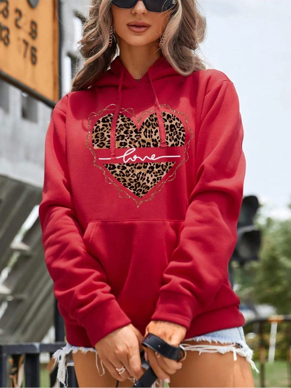Leopard & Heart Print Kangaroo Pocket Drawstring Hoodie Kırmızı
