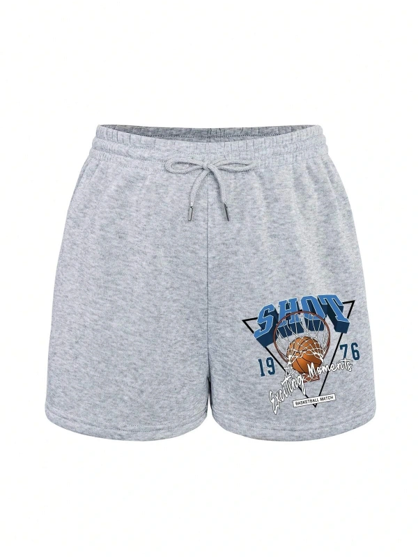Letter & Basketball Print Drawstring Waist Şort