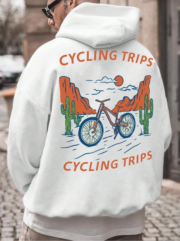 Letter & Bike Print Drop Shoulder Drawstring Hoodie Beyaz