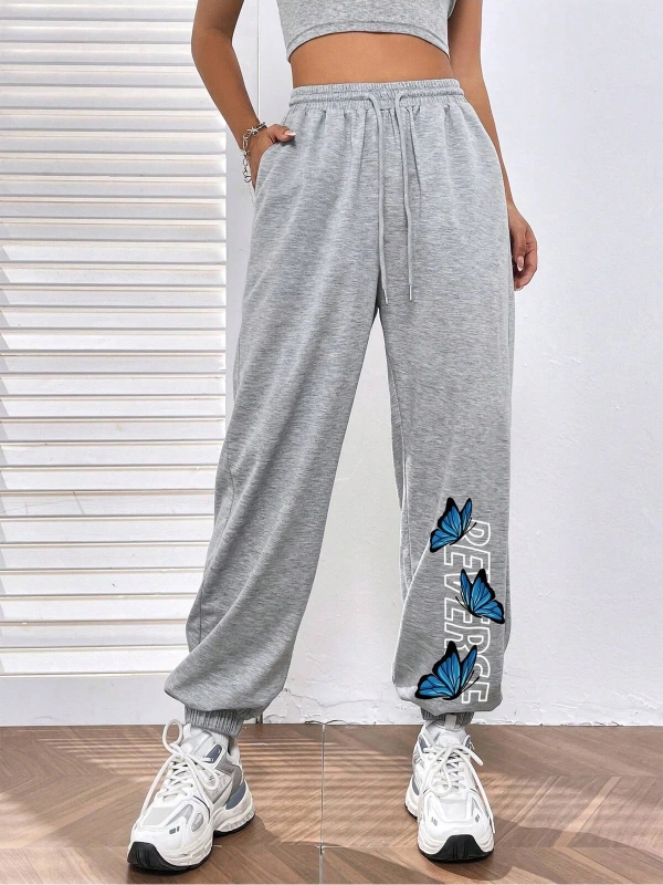 Letter & Butterfly Print Slant Pocket 4 Mevsim Eşofman