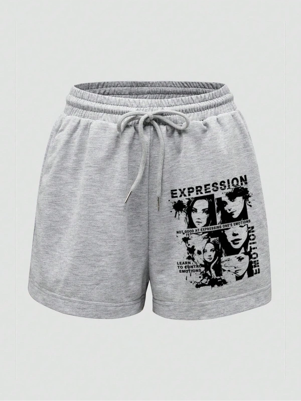 Letter Cartoon Graphic Drawstring Waist Track Şort