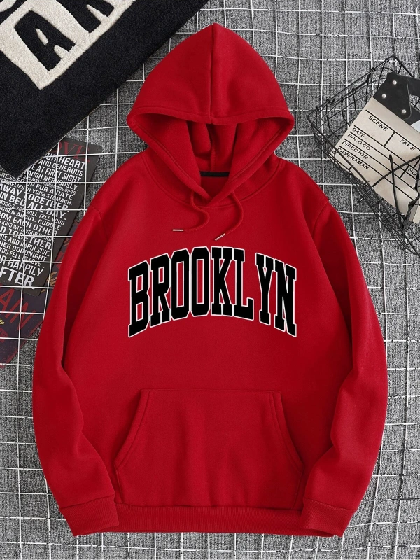 Letter Graphic Drawstring Kangaroo Pocket Hoodie Kırmızı