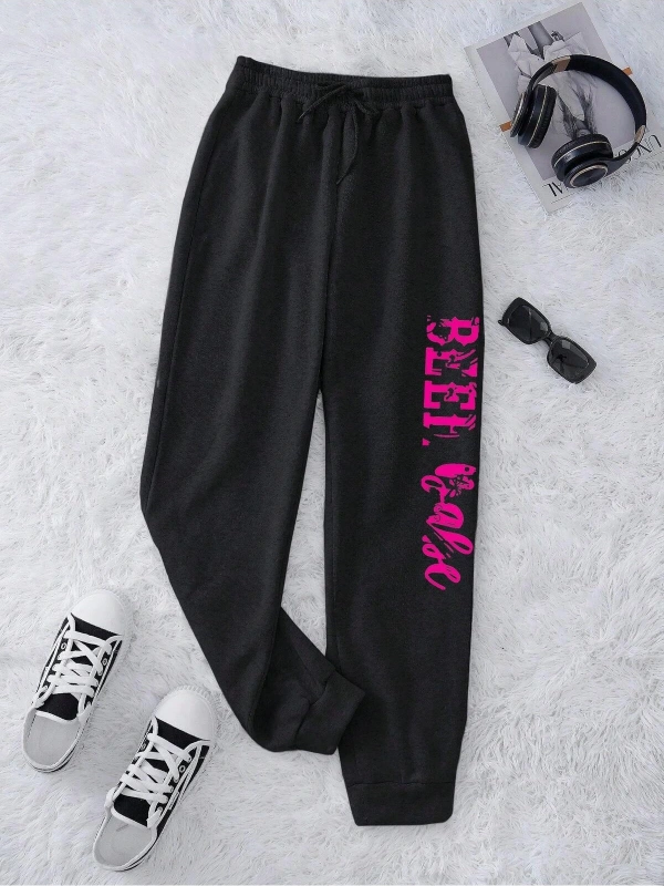 Letter Graphic Drawstring Waist 4 Mevsim Eşofman