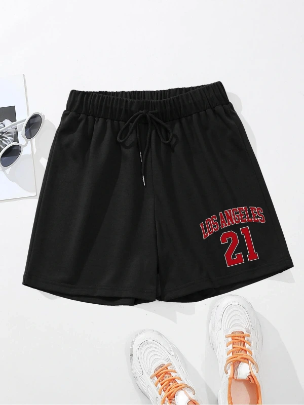 Letter Graphic Drawstring Waist Şort