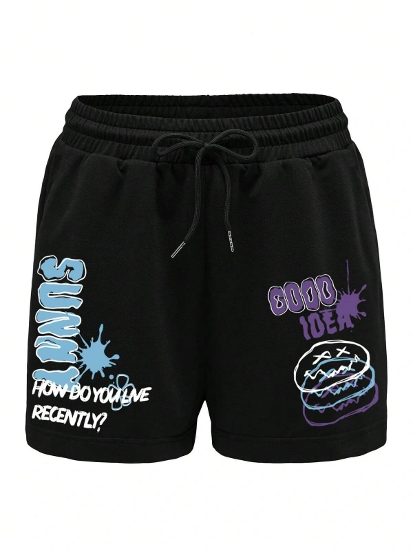 Letter Graphic Drawstring Waist Şort
