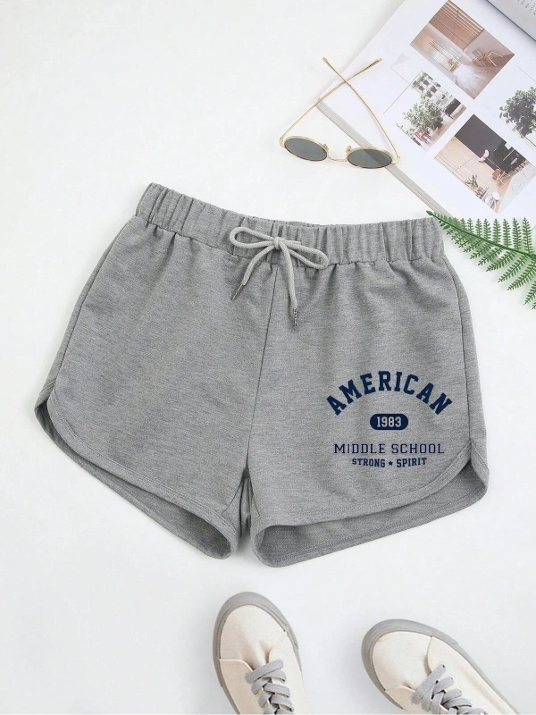Letter Graphic Drawstring Waist Track Şort